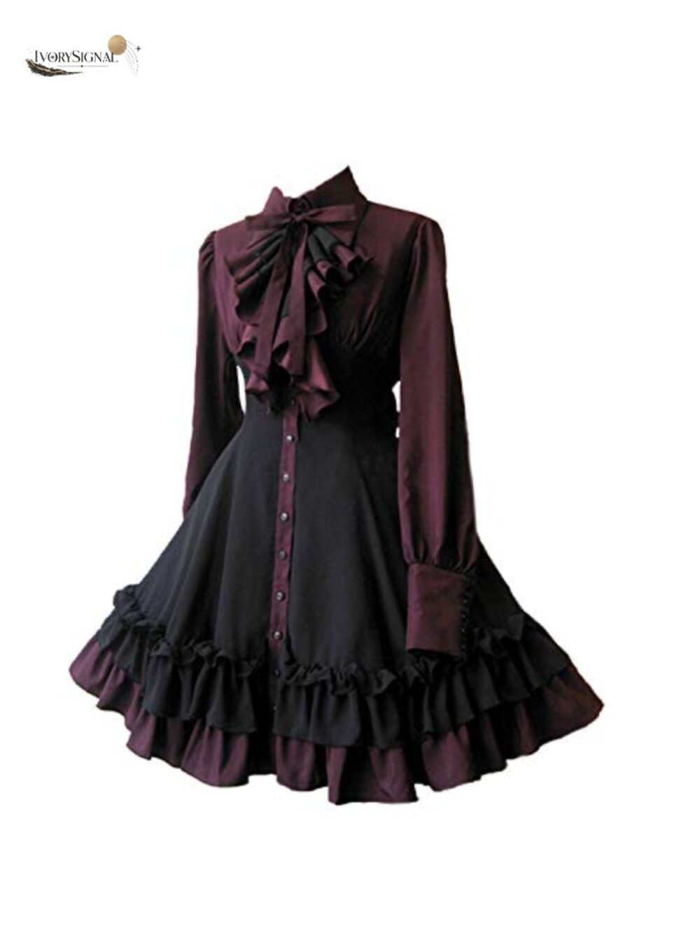Women Gothic Lolita Ruffle Long Sleeve Victorian Midi Dress